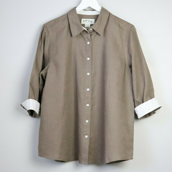 Orvis Tops - Orvis Linen Cuffed 3/4 Sleeve Button Down Shirt